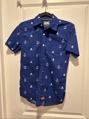 Johnny Cupcakes Blue Anchor & Skull Short-Sleeve Button-Down